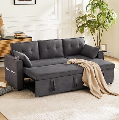 MIVRAY Slaapbank 211 x 130 x 86 cm - L-Vormig Met Slaapfunctie, Opbergruimte En Bekerhouders - Voor Woonkamer - Katoen Linnen Grijs