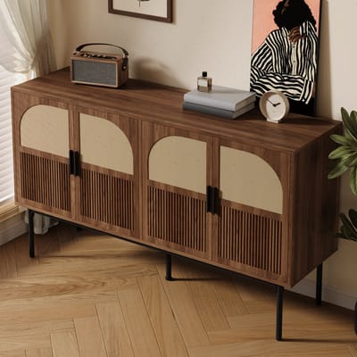 DESMIU Dressoir - Retro Opbergkast Met Rotan Fronten En Vier Deuren - Voor Woonkamer Hal En Eetkamer - MDF - 140x40x80 Cm - Naturel