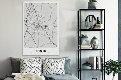 Canvas schilderij 90x140 cm - Wanddecoratie België – Thuin – Stadskaart – Kaart – Zwart Wit – Plattegrond - Muurdecoratie woonkamer - Slaapkamer decoratie - Kamer accessoires - Schilderijen