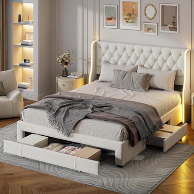 Bedframe met lade - Tweepersoonsbed met opbergruimte - Slaapkamer organiseren - Met 3 opberglades - 160x200 cm - Beige