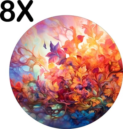 Luxe Ronde Placemat - Kleurrijke Bloemen Tekening - Set van 8 Placemats - 50x50 cm - 2 mm dik Vinyl - Anti Slip - Afneembaar