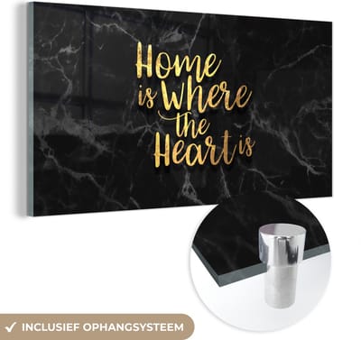 MuchoWow® Glasschilderij 40x20 cm - Schilderij acrylglas - Quote - Home - Marmer - Goud - Foto op glas - Schilderijen