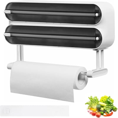 3-in-1 vershoudfoliedispenser, keukenrolhouder met keukenrolhouder, magnetische foliesnijder met keukenrolhouder, aluminiumfoliedispenser en vershoudfunctie, zwart