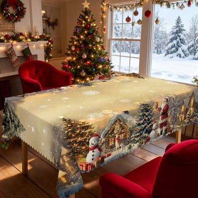 Kerst Vintage Boerderij Tafelkleed met Kerstman, rendieren & Kerstboom prints. Rechthoekige & ronde maten voor Kerst/Nieuwjaarsfeesten, keuken, binnen & 140x180cm