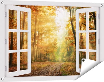Gards Tuinposter Doorkijk Herfstbos met Zonneschijn - 90x60 cm - Tuindoek - Tuindecoratie - Wanddecoratie buiten - Tuinschilderij