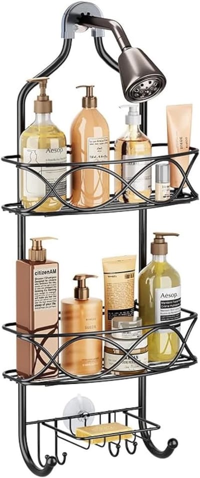 Hanging Shower Caddy met 3 Niveaus en Haken, Rvs Badkamerschappen Zonder Boren, Organizer voor Shampoo, Zeep en Badaccessoires