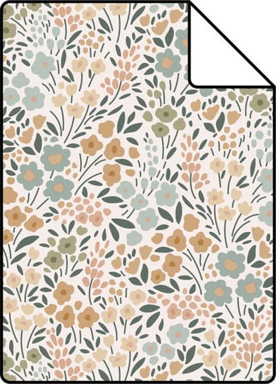 Proefstaal ESTAhome behang bloemetjes grijsblauw, terracotta roze en groen - 26.5 x 21 cm - 139837-S