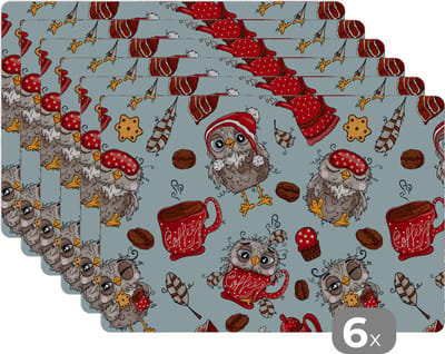 Placemat - Placemats kunststof - Patronen - Uil - Ontbijt - 45x30 cm - 6 stuks - Hittebestendig - Anti-Slip - Onderlegger - Afneembaar