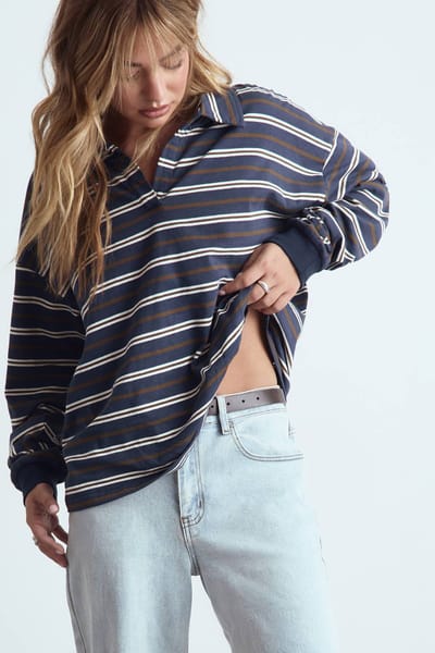 boohoo Dames Gestreepte zware katoenen rugbytop met knoopdetail en kraag | Marineblauw | Maat: 44