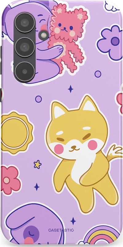 Casetastic hoesje geschikt voor Samsung Galaxy A55 - Dubbellaagse bescherming - Knuffelvriendjes - Fashion Case - Lichtroze Lila Goud