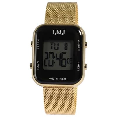 Q&Q-digitaal-heren-dames-unisex-horloge-datum-alarm-stopwatch-licht-5 atm water resist-goudkleurig-40x34mm