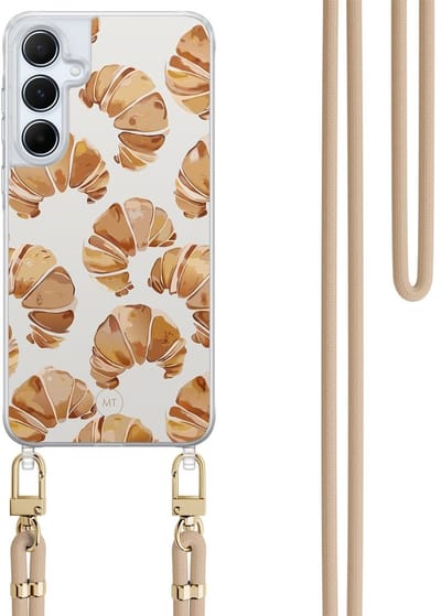 Hoesje met koord geschikt voor Samsung Galaxy A15 - Croissant - Inclusief Beige koord - Crossbody beschermhoes - Transparant, Bruin - Mooie Telefoonhoesjes