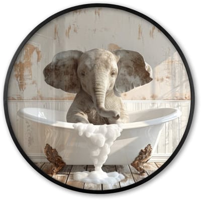Poster in lijst Rond - Fotolijst 60x60 cm - Posters - Vintage - Olifant - Badkuip - Schuim - Wilde dieren - Ronde posterlijst zwart - Decoratie - Wanddecoratie woonkamer - Muurdecoratie slaapkamer