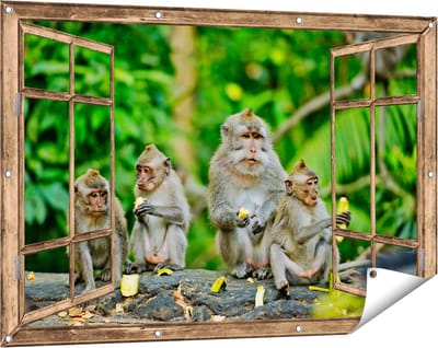 Gards Tuinposter Doorkijk Groep Apen Eten Bananen in het Bos - 120x80 cm - Tuindoek - Tuindecoratie - Wanddecoratie buiten - Tuinschilderij