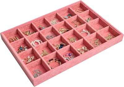 Elegante opbergdoos voor sieraden met 24 vakken, stapelbare organizer voor oorbellen, ringen en kettingen, ideaal voor lade-insert en sieradenopslag, 35x24x3cm (roze)