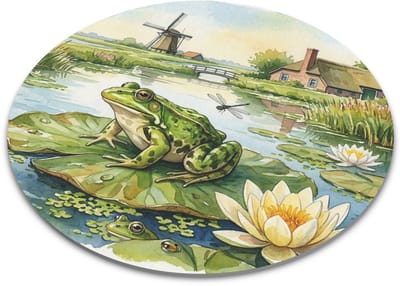 Muismat Groene Kikker op Waterlelie – Hollands Polderlandschap met Libel, Molen & Boerderij – Kleurrijk "Aquarel Series" Cadeau voor haar: Vrouw, Vriendin & Collega – Vijver Natuurprint voor Bureau – Ronde Artistieke Muismat