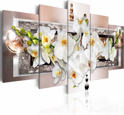 Schilderij - Orchidee in abstractie , wit roze , 5 luik