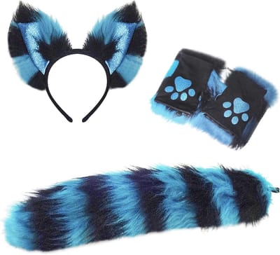 Halloween Cosplay Kostuum Set met Kattenoren, Handschoenen en Lange Staart voor Dieren Thema Feest, Schattige Haarclips en Party Props in Blauw