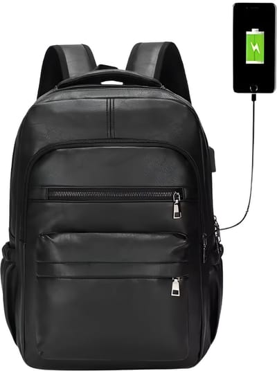 CarryQuest® - Laptop Rugzak - USB Oplaadbare Rugzak Heren - PU Lederen Rugzak - 15" Laptop - Schooltas Voor Tienerjongens - 20-35L Capaciteit - Zwart