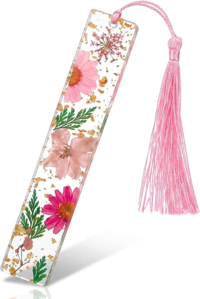Persoonlijke Boekenlegger met Gedroogde Bloemen en Kwastje - Perfect Cadeau voor Lezers, Studenten en Docenten - Uniek en Handgemaakt (Roze-Groen)