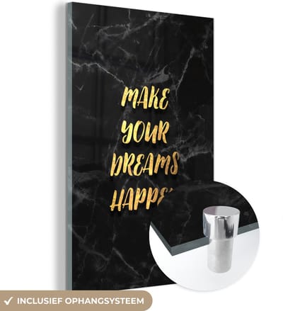 MuchoWow® Glasschilderij 40x60 cm - Schilderij acrylglas - Quote - Dream - Zwart - Goud - Foto op glas - Schilderijen