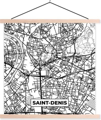 Posterhanger incl. Poster 40x40 cm - Schoolplaat - Stadskaart - Frankrijk - Kaart - Saint-Denis - Plattegrond - Zwart wit - Textielposter - Blanke latten - Stadskaart