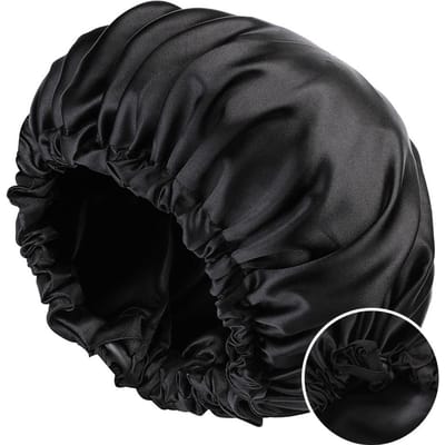 Bonnet Tendance Couleur Unie Tissu Satiné Soyeux Élastique Bouton Double Couche Sommeil Chapeau de Cheveux One Size black