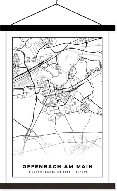 Posterhanger incl. Poster 40x60 cm - Schoolplaat - Plattegrond - Offenbach am Main - Kaart - Stadskaart - Textielposter - Zwarte latten - Stadskaart