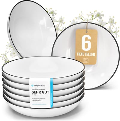 Pure Living Scandi Diepe Borden Set - 6 Stuks - Ø 20 cm - Wit - Porselein - Vaatwasserbestendig