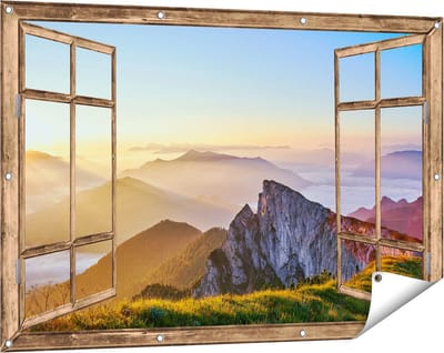 Gards Tuinposter Doorkijk Zonsopkomst in de Bergen in de Alpen - 120x80 cm - Tuindoek - Tuindecoratie - Wanddecoratie buiten - Tuinschilderij