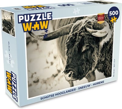 Puzzel Schotse Hooglander - Sneeuw - Horens - Legpuzzel - Puzzel 500 stukjes