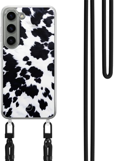 Hoesje met koord geschikt voor Samsung Galaxy S23 - Koeienprint - Inclusief Zwart koord - Crossbody beschermhoes - Transparant, Zwart, Wit - Mooie Telefoonhoesjes