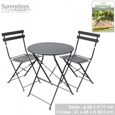 COLLECTIE "MISTRAL" TUINSET MET TAFEL EN 2 OPVOUWBARE STOELEN VAN ZWART METAAL