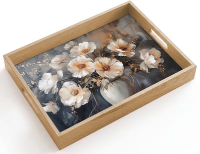 Dienblad hout 40x30 cm - Schootdienblad - Bloemen - Wit - Vaas - Modern - Borrelplank rechthoek - Plateau dienbladen