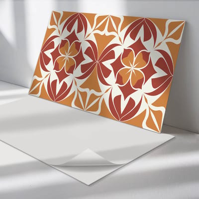 Wallfluent Vinyl Wandpaneel - Symmetrisch plantenpatroon PVC Muurpaneel - 120 cm x 60 cm - Oranje PVC wandpaneel - 1 stuk - Rechthoekig Wandbekleding Vinyl - Patroon Wandpaneel - Zelfklevende Wandbekleding - Wandpaneel Keuken en Badkamer