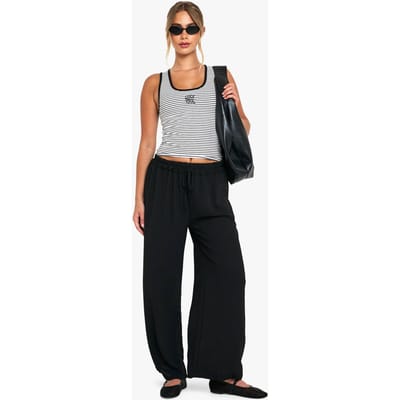 boohoo Dames Geweven broek met gestrikte taille en wijde pijpen | Zwart | Maat: XS/Small