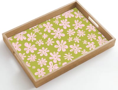 Dienblad hout 50x35 cm - Schootdienblad - Bloemen - Roze - Getekend - Patroon - Borrelplank rechthoek - Plateau dienbladen