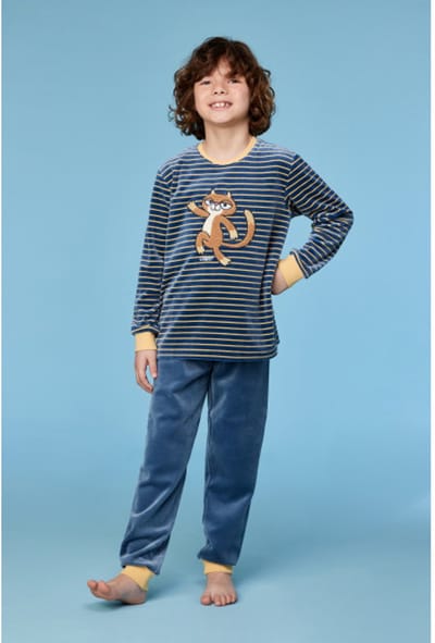 Woody pyjama jongens/heren velours - antraciet/geel gestreept - kat - 252-10-PLC-V/916 - maat 92