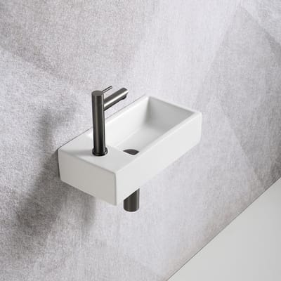 Fonteinset Mia 40.5x20x10.5cm glans wit links inclusief fontein kraan, sifon en afvoerplug gun metal