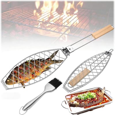 Roestvrijstalen Grillrooster voor Vis, 63 x 12 cm, Inclusief Houten Handvat en Oliekwast, Perfect voor Barbecue en Grillen van Visgerechten