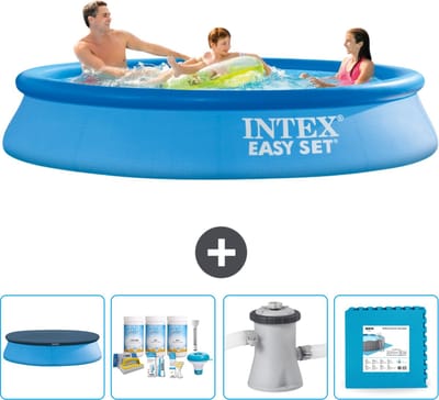 Intex Rond Opblaasbaar Easy Set Zwembad - 305 x 61 cm - Blauw - Inclusief Afdekzeil - Onderhoudspakket - Zwembadfilterpomp - Vloertegels