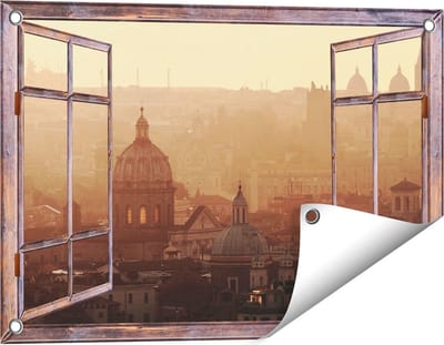 Gards Tuinposter Doorkijk Rome Stad bij Zonsopgang - 60x40 cm - Tuindoek - Tuindecoratie - Wanddecoratie buiten - Tuinschilderij