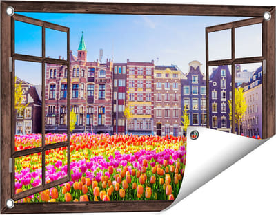 Gards Tuinposter Doorkijk Amsterdamse Huisjes met Tulpen - Kleur - 60x40 cm - Tuindoek - Tuindecoratie - Wanddecoratie buiten - Tuinschilderij
