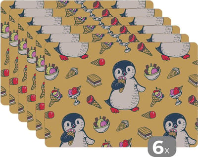 Placemat - Placemats kunststof - IJs - Pinguïn - Pooldieren - Kinderen - Design - 45x30 cm - 6 stuks - Hittebestendig - Anti-Slip - Onderlegger - Afneembaar
