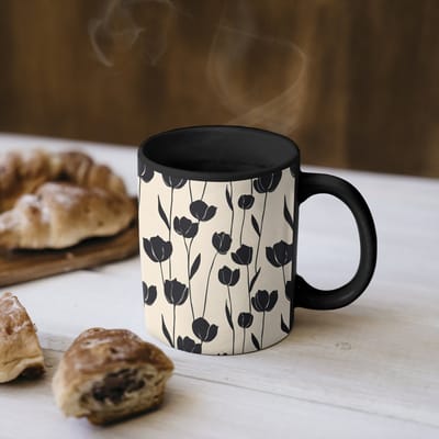 Magische Mok - Foto op Warmte Mokken - Koffiemok - Tulpen - Patroon - Zwart - Magic Mok - Beker - 350 ML - Theemok