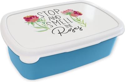 Broodtrommel Blauw - Lunchbox - Brooddoos - Spreuken - Stop and smell the roses - Quotes - 18x12x6 cm - Kinderen - Jongen