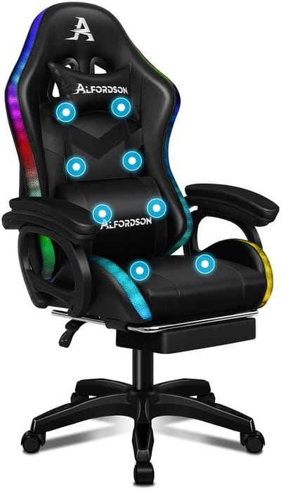 ALFORDSON Gamestoel, 12 RGB LED-kleurenafstandsbediening, armleuningen met schuifrail, intrekbare voetsteun, 8-punt massage verstelbaar kussen