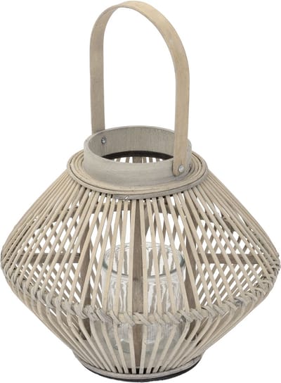 Bamboe lantaarn, windlicht H: 42 cm houtkleur, boho tuinlantaarn met handvat & glazen inzet, rieten kaarsenhouder