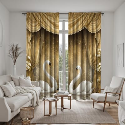 2 Pièces HD Numérique Couleur Jaune Cygne Amour Rideaux Style Décoration Intérieure Décoration Salon Chambre Rideau à Oeillets Effet Plombant W52H63inchW132H160cm beige