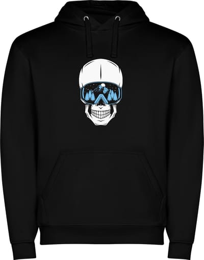 Zwarte unisex hoodie met “ Kleurrijke Skibril – Schedel – Wintersport “ Print Full Color Color merk Roly maat S